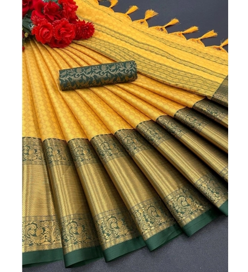Generic Women's Cotton Silk Woven Design Saree With Unstitched Blouse 5.5Mtr (Mustard)