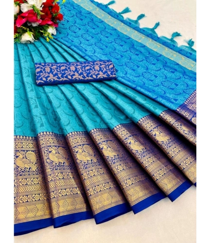 Generic Women's Cotton Silk Printed Saree With Unstitched Blouse 5.5Mtr (Sky Blue)