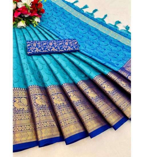 Generic Women's Cotton Silk Printed Saree With Unstitched Blouse 5.5Mtr (Sky Blue)