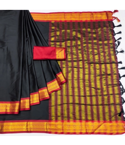 Generic Women's Cotton Silk Solid Saree With Unstitched Blouse 5.5Mtr (Black)