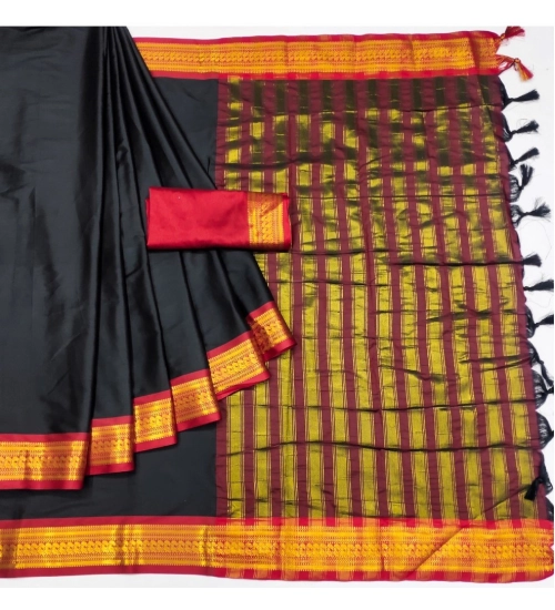 Generic Women's Cotton Silk Solid Saree With Unstitched Blouse 5.5Mtr (Black)