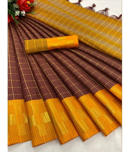 Generic Women's Cotton Silk Printed Saree With Unstitched Blouse 5.5Mtr (Gold-Maroon)