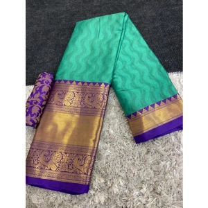 Generic Women's Cotton Silk Printed Saree With Unstitched Blouse 5.5Mtr (Blue)