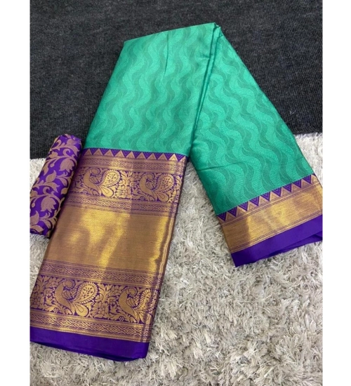Generic Women's Cotton Silk Printed Saree With Unstitched Blouse 5.5Mtr (Blue)