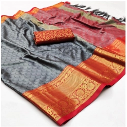 Generic Women's Cotton Silk Floral Print Saree With Unstitched Blouse 5.5Mtr (Grey)