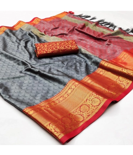 Generic Women's Cotton Silk Floral Print Saree With Unstitched Blouse 5.5Mtr (Grey)