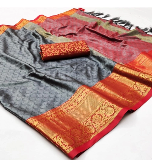 Generic Women's Cotton Silk Floral Print Saree With Unstitched Blouse 5.5Mtr (Grey)