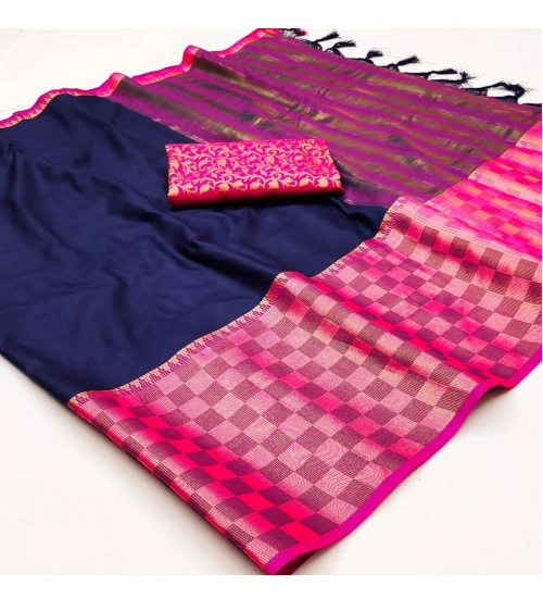 Generic Women's Cotton Silk Checkered Saree With Unstitched Blouse 5.5Mtr (Blue)