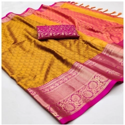 Generic Women's Cotton Silk Floral Print Saree With Unstitched Blouse 5.5Mtr (Mustard)