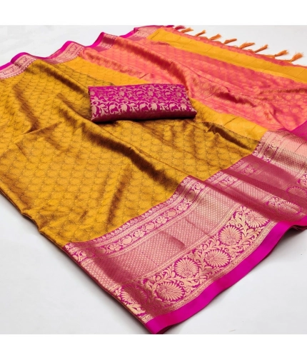 Generic Women's Cotton Silk Floral Print Saree With Unstitched Blouse 5.5Mtr (Mustard)
