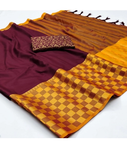 Generic Women's Cotton Silk Checkered Saree With Unstitched Blouse 5.5Mtr (Maroon)