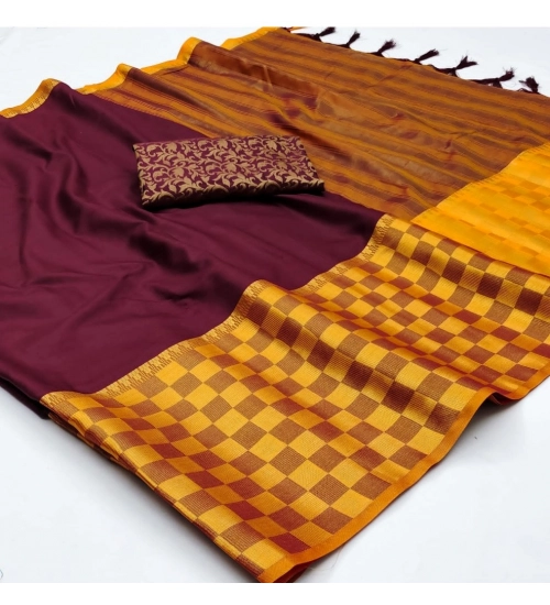 Generic Women's Cotton Silk Checkered Saree With Unstitched Blouse 5.5Mtr (Maroon)