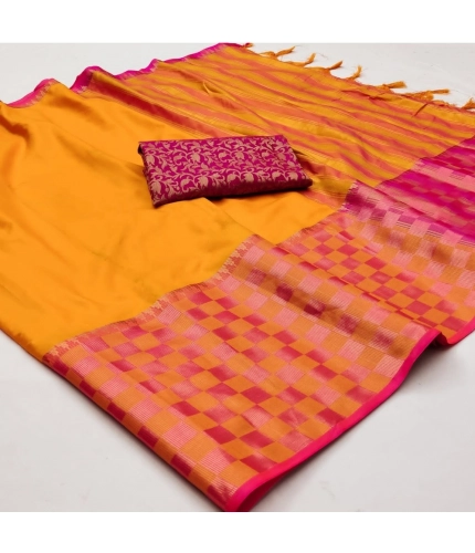 Generic Women's Cotton Silk Checkered Saree With Unstitched Blouse 5.5Mtr (Orange)