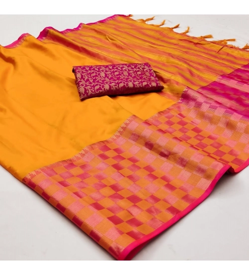 Generic Women's Cotton Silk Checkered Saree With Unstitched Blouse 5.5Mtr (Orange)