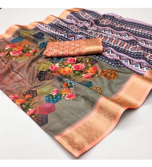 Generic Women's Cotton Silk Printed Saree With Unstitched Blouse 5.5Mtr (Multicolor)