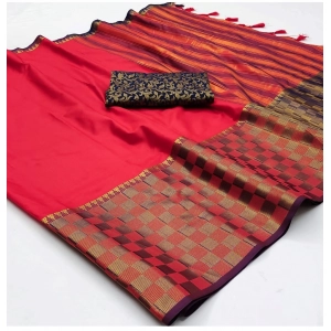 Generic Women's Cotton Silk Checkered Saree With Unstitched Blouse 5.5Mtr (Red)