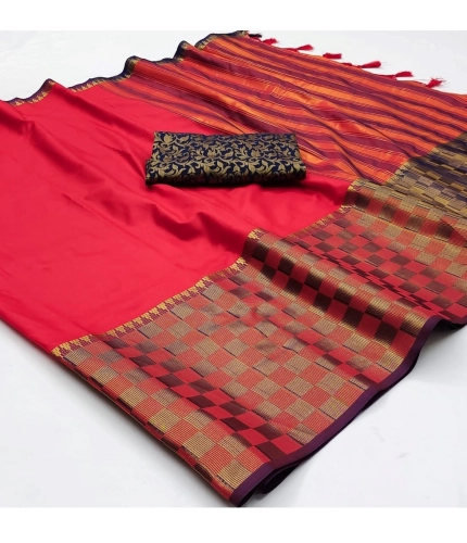 Generic Women's Cotton Silk Checkered Saree With Unstitched Blouse 5.5Mtr (Red)
