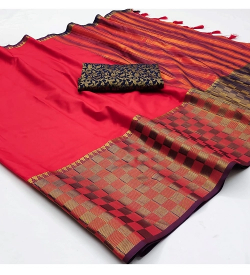 Generic Women's Cotton Silk Checkered Saree With Unstitched Blouse 5.5Mtr (Red)