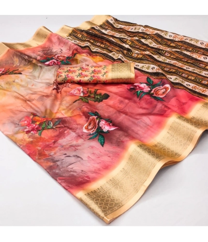Generic Women's Cotton Silk Printed Saree With Unstitched Blouse 5.5Mtr (Multicolor)