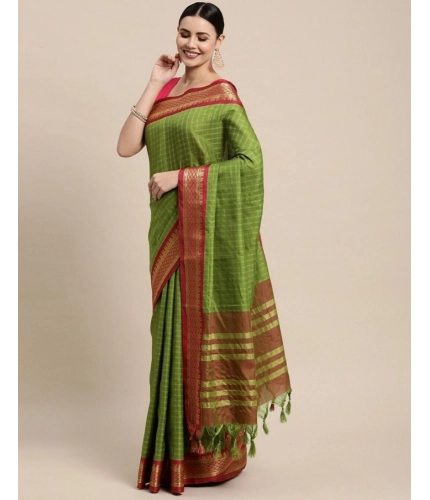 Generic Women's Cotton Silk Checkered Saree With Unstitched Blouse 5.5Mtr (Mehendi)