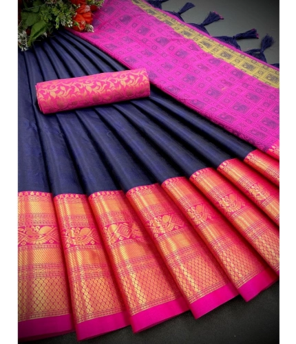 Generic Women's Cotton Silk Printed Saree With Unstitched Blouse 5.5Mtr (Blue)