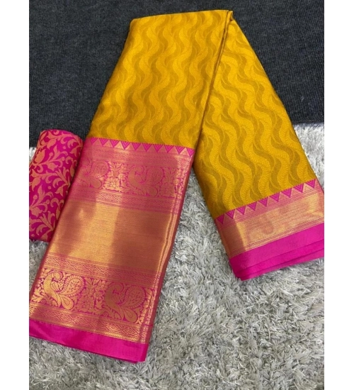 Generic Women's Cotton Silk Printed Saree With Unstitched Blouse 5.5Mtr (Mustard)