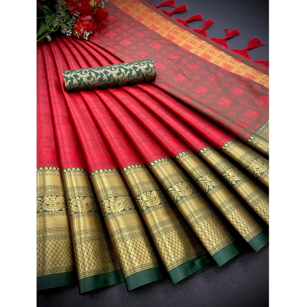 Generic Women's Cotton Silk Printed Saree With Unstitched Blouse 5.5Mtr (Red) Generic Women's Cotton Silk Printed Saree With Unstitched Blouse 5.5Mtr (Red)