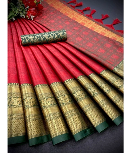 Generic Women's Cotton Silk Printed Saree With Unstitched Blouse 5.5Mtr (Red)