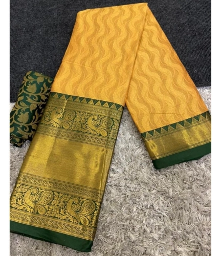 Generic Women's Cotton Silk Printed Saree With Unstitched Blouse 5.5Mtr (Yellow)