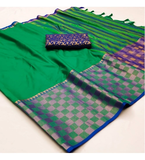 Generic Women's Cotton Silk Checkered Saree With Unstitched Blouse 5.5Mtr (Green)