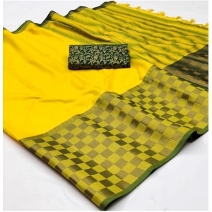 Generic Women's Cotton Silk Checkered Saree With Unstitched Blouse 5.5Mtr (Yellow)