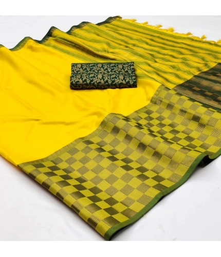 Generic Women's Cotton Silk Checkered Saree With Unstitched Blouse 5.5Mtr (Yellow)