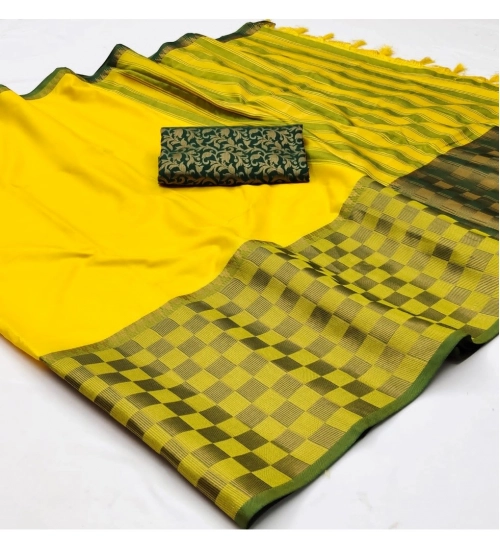 Generic Women's Cotton Silk Checkered Saree With Unstitched Blouse 5.5Mtr (Yellow)