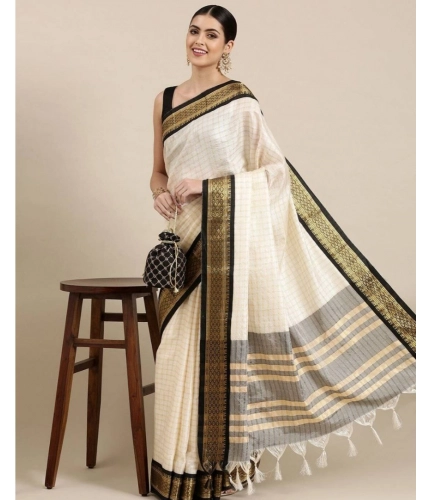 Generic Women's Cotton Silk Checkered Saree With Unstitched Blouse 5.5Mtr (Black)