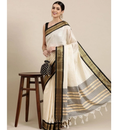 Generic Women's Cotton Silk Checkered Saree With Unstitched Blouse 5.5Mtr (Black)