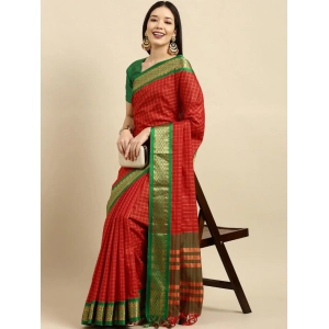 Generic Women's Cotton Silk Checkered Saree With Unstitched Blouse 5.5Mtr (Red)