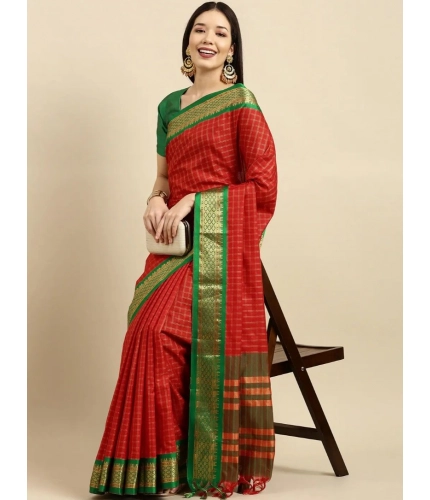 Generic Women's Cotton Silk Checkered Saree With Unstitched Blouse 5.5Mtr (Red)