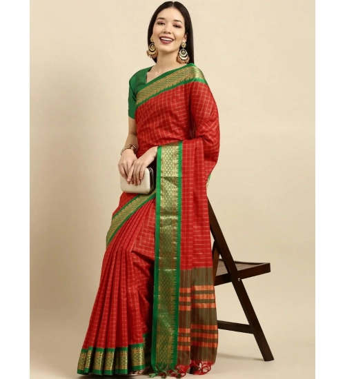 Generic Women's Cotton Silk Checkered Saree With Unstitched Blouse 5.5Mtr (Red)
