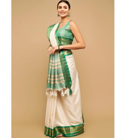 Generic Women's Cotton Silk Checkered Saree With Unstitched Blouse 5.5Mtr (Green)