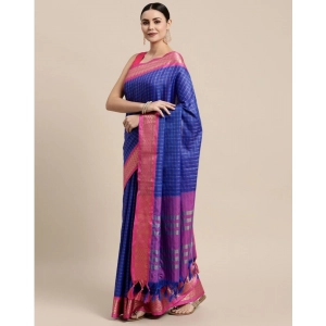 Generic Women's Cotton Silk Checkered Saree With Unstitched Blouse 5.5Mtr (R Blue)