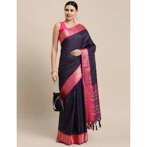 Generic Women's Cotton Silk Checkered Saree With Unstitched Blouse 5.5Mtr (Navy Blue)
