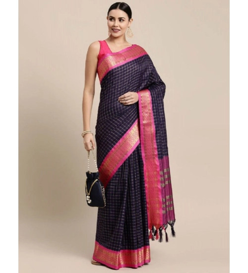 Generic Women's Cotton Silk Checkered Saree With Unstitched Blouse 5.5Mtr (Navy Blue)