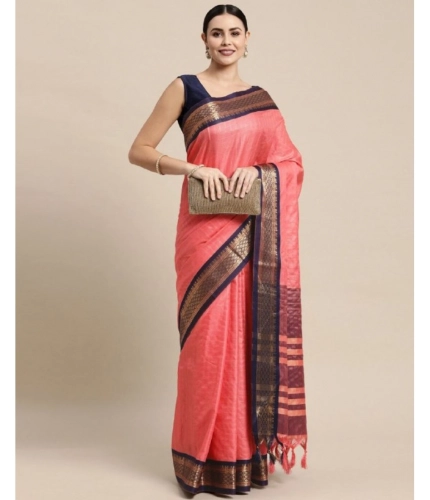 Generic Women's Cotton Silk Checkered Saree With Unstitched Blouse 5.5Mtr (Pink)