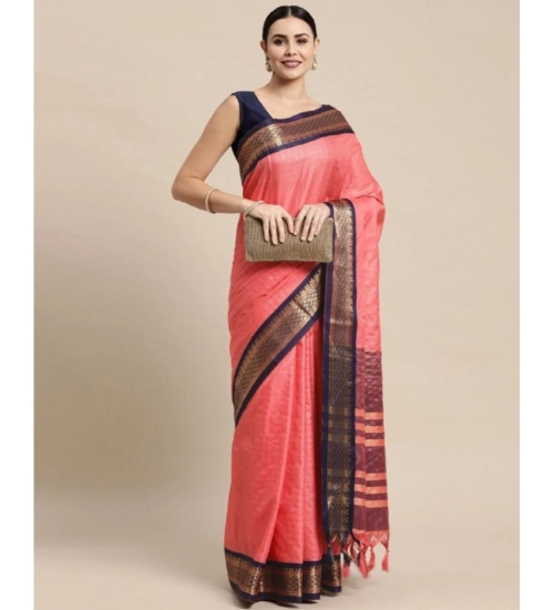 Generic Women's Cotton Silk Checkered Saree With Unstitched Blouse 5.5Mtr (Pink)