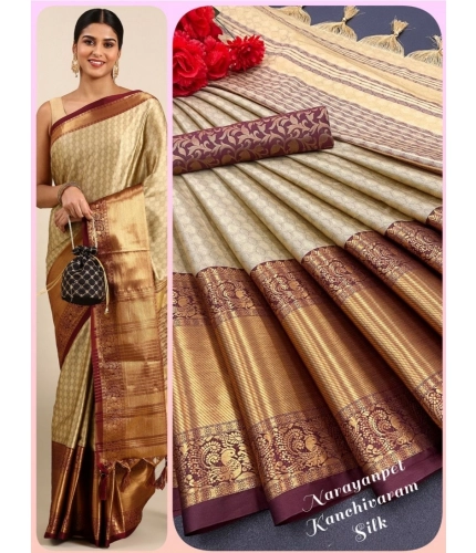 Generic Women's Cotton Silk Woven Design Saree With Unstitched Blouse 5.5Mtr (Gold)