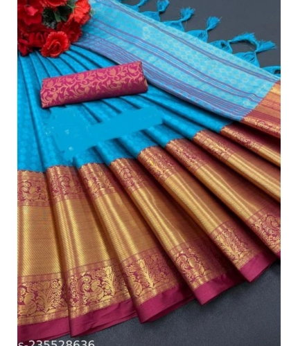 Generic Women's Cotton Silk Woven Design Saree With Unstitched Blouse 5.5Mtr (Blue)