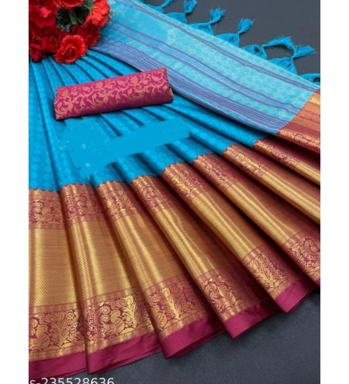 Generic Women's Cotton Silk Woven Design Saree With Unstitched Blouse 5.5Mtr (Blue)