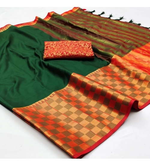 Generic Women's Cotton Silk Checkered Saree With Unstitched Blouse 5.5Mtr (Bgreen)