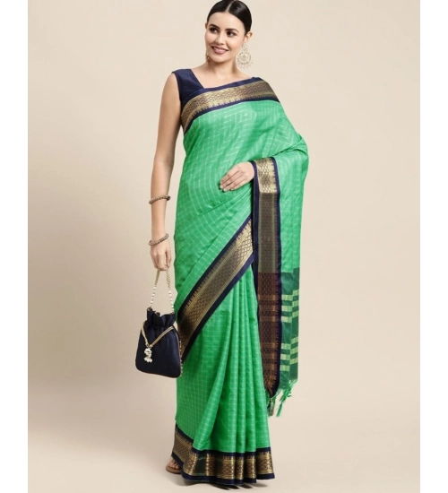 Generic Women's Cotton Silk Checkered Saree With Unstitched Blouse 5.5Mtr (Green)