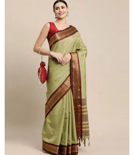 Generic Women's Cotton Silk Checkered Saree With Unstitched Blouse 5.5Mtr (olive)